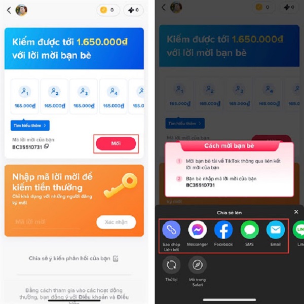 nhập mã mời tiktok