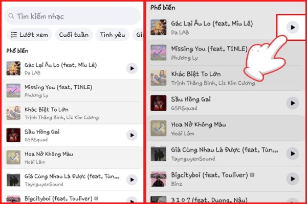 Chạm vào bài hát muốn thêm vào để nghe thử 