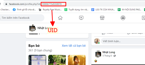 Xem trên thanh URL chứa đường link facebook cá nhân