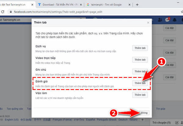 Trong cửa sổ Thêm Tab, đến mục Đánh giá