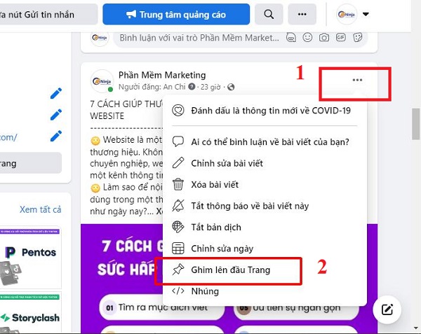 cách ghim bài viết trên page facebook