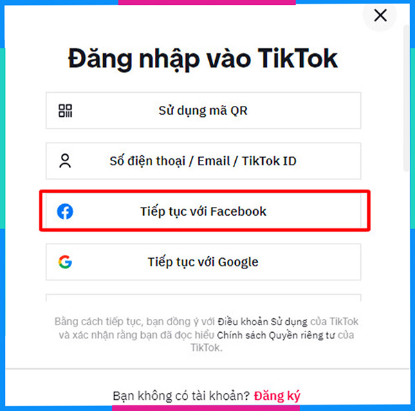 Chọn Tiếp tục với Facebook