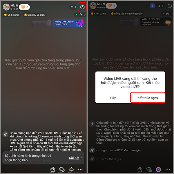 Nhấn Kết thúc ngay để kết thúc buổi live