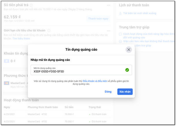 mã tín dụng quảng cáo facebook là gì