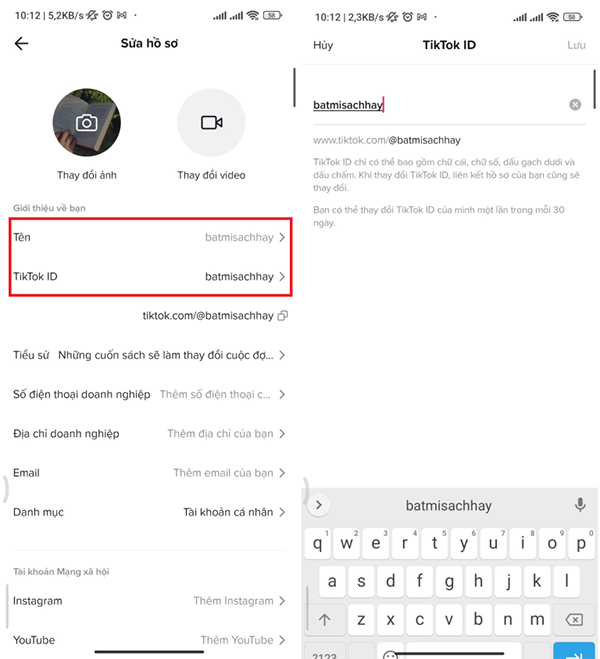 Đổi tên, đổi ID tiktok