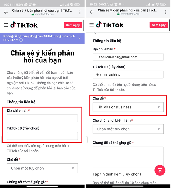 Điền thông tin email, ID tiktok