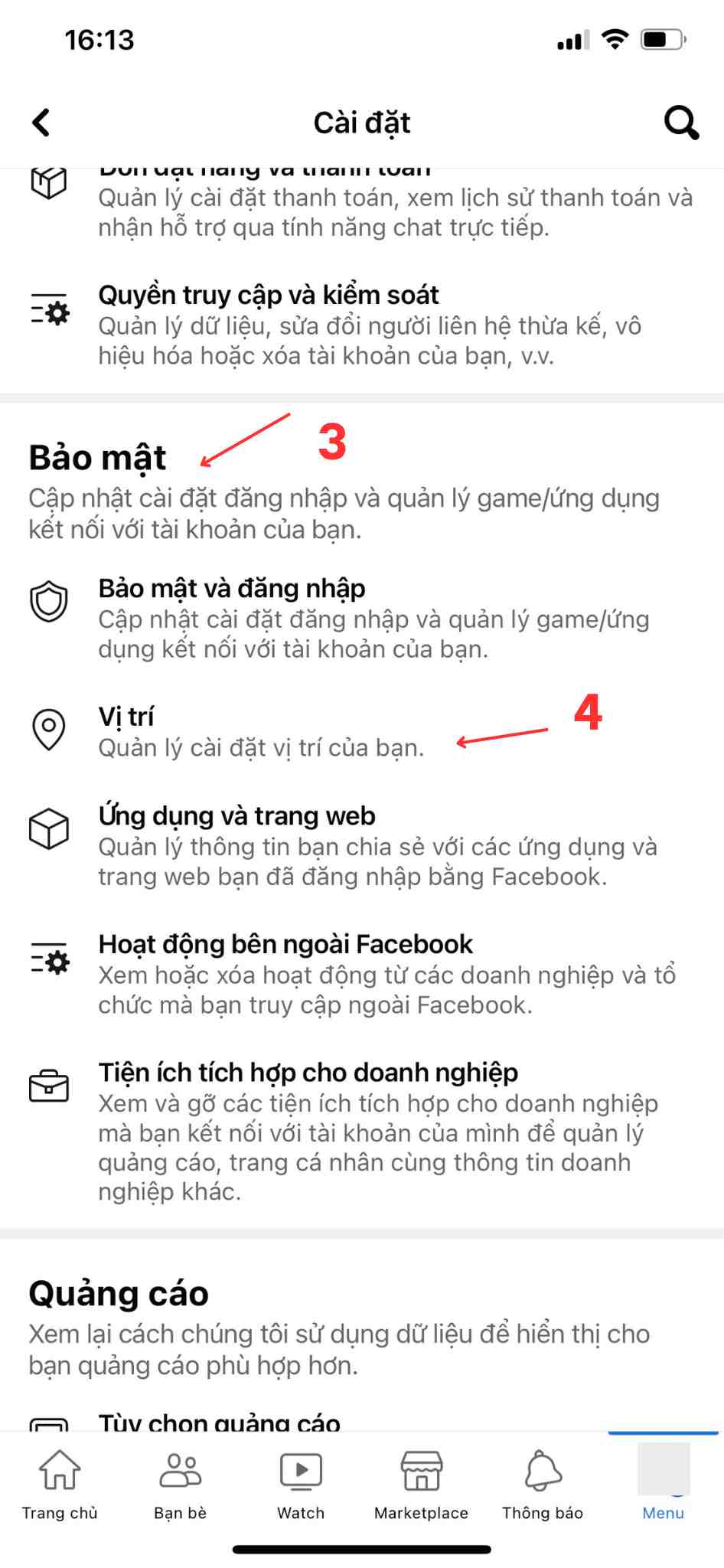 Chọn "Vị trí" - cách vào facebook mà không bị phát hiện