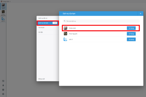 Lựa chọn tài khoản bạn muốn nhắn tin