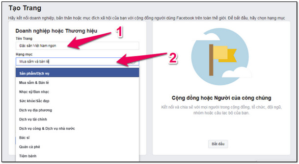 điền tên trang, hạng mục trên fanpage