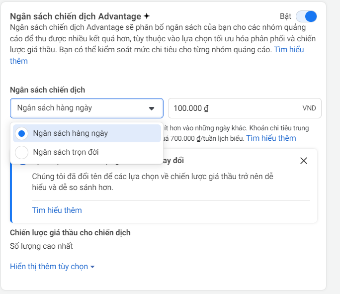 thiết lập ngân sách chạy quảng cáo reels