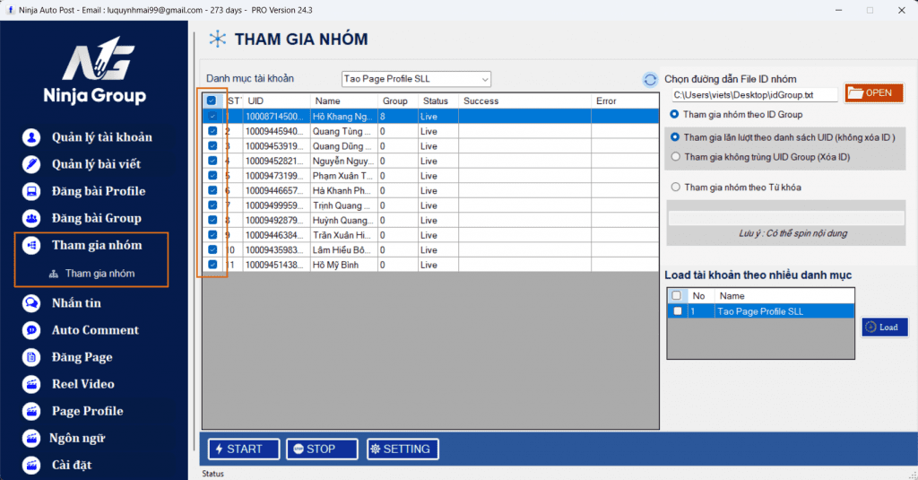 chọn những tài khoản sẽ thực hiện quy trình tham gia nhóm