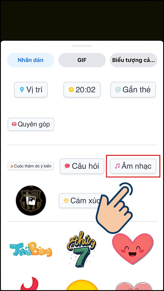 Nhấn vào mục “Âm nhạc” - cách thêm nhạc vào tin trên facebook